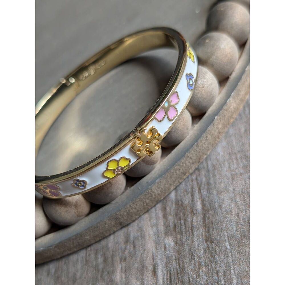 TORY BURCH Kira Flower Enamel Double T Logo Gold Bangle Bracelet - Picture 5 of 7
